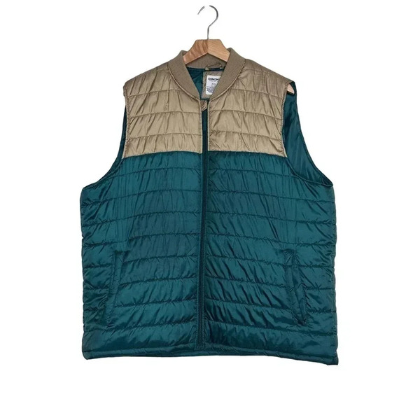 Sonoma MENS XXL green +‎ tan color block quilted puffer vest with pockets - Picture 1 of 5